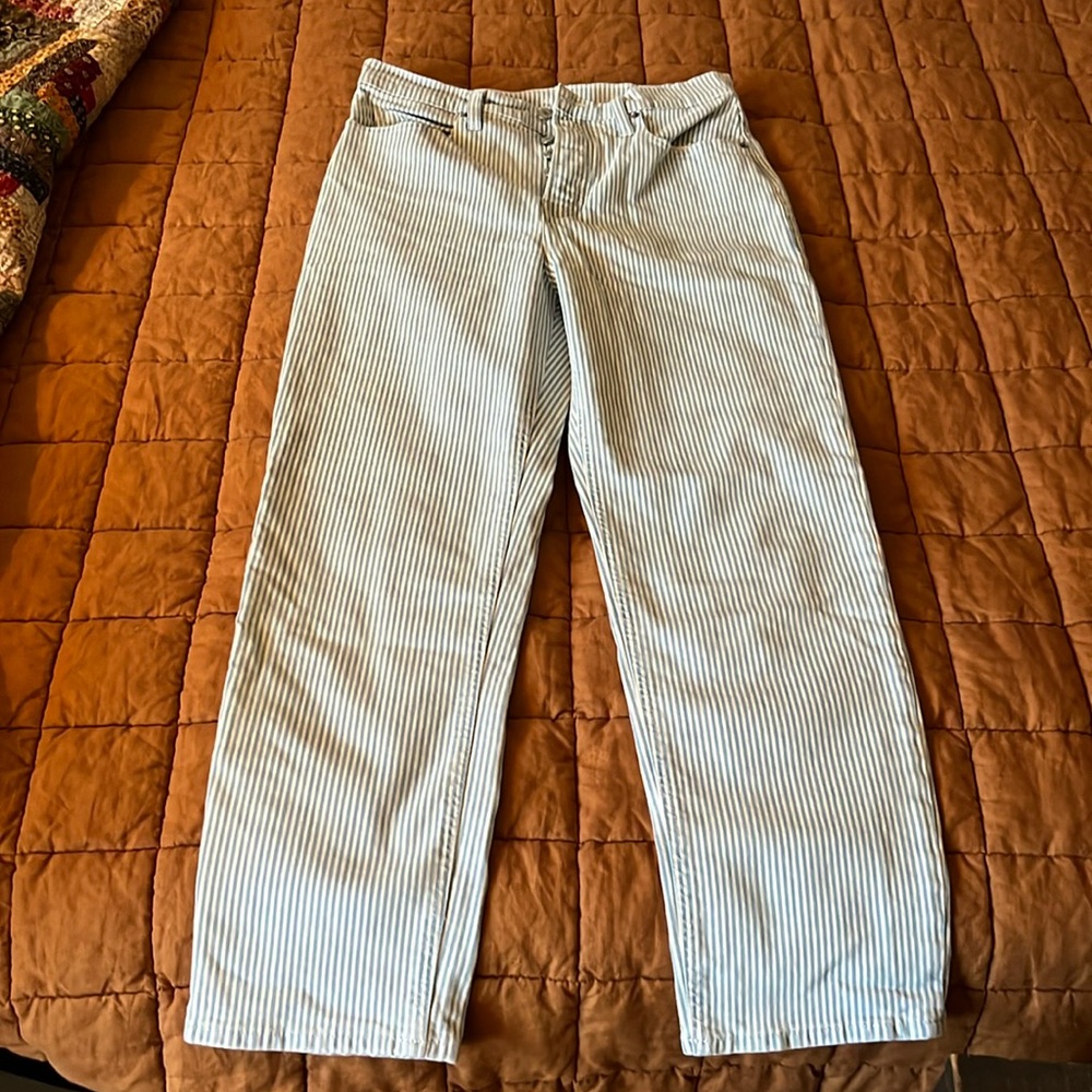 Old Navy Sky Rise Straight railroad stripes jeans with button fly.